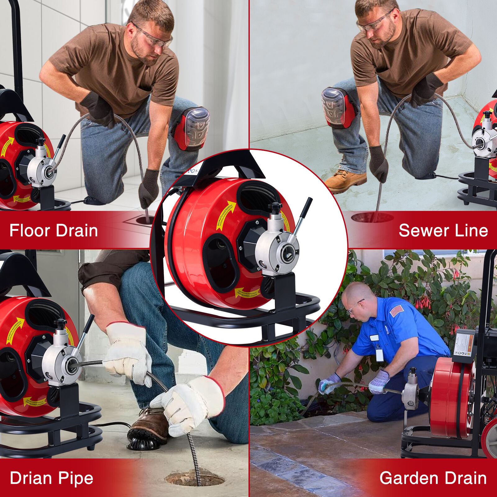 1/2 Inch Drain Cleaner Machine, Sewer Snake Auger Auto Feed with 4 Cutter & Air-activated Foot Switch for 2