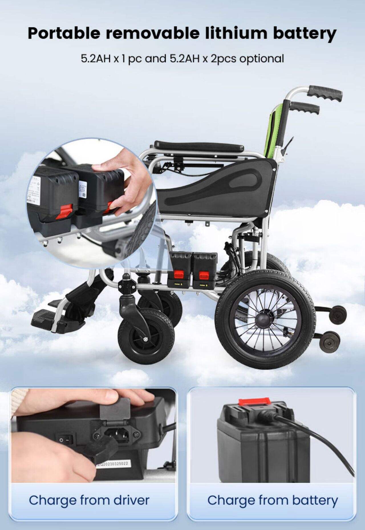 KSM-505 Light weight folding electric wheelchair portable aluminum power chairs dual controller wheelchair 12.5kgs details