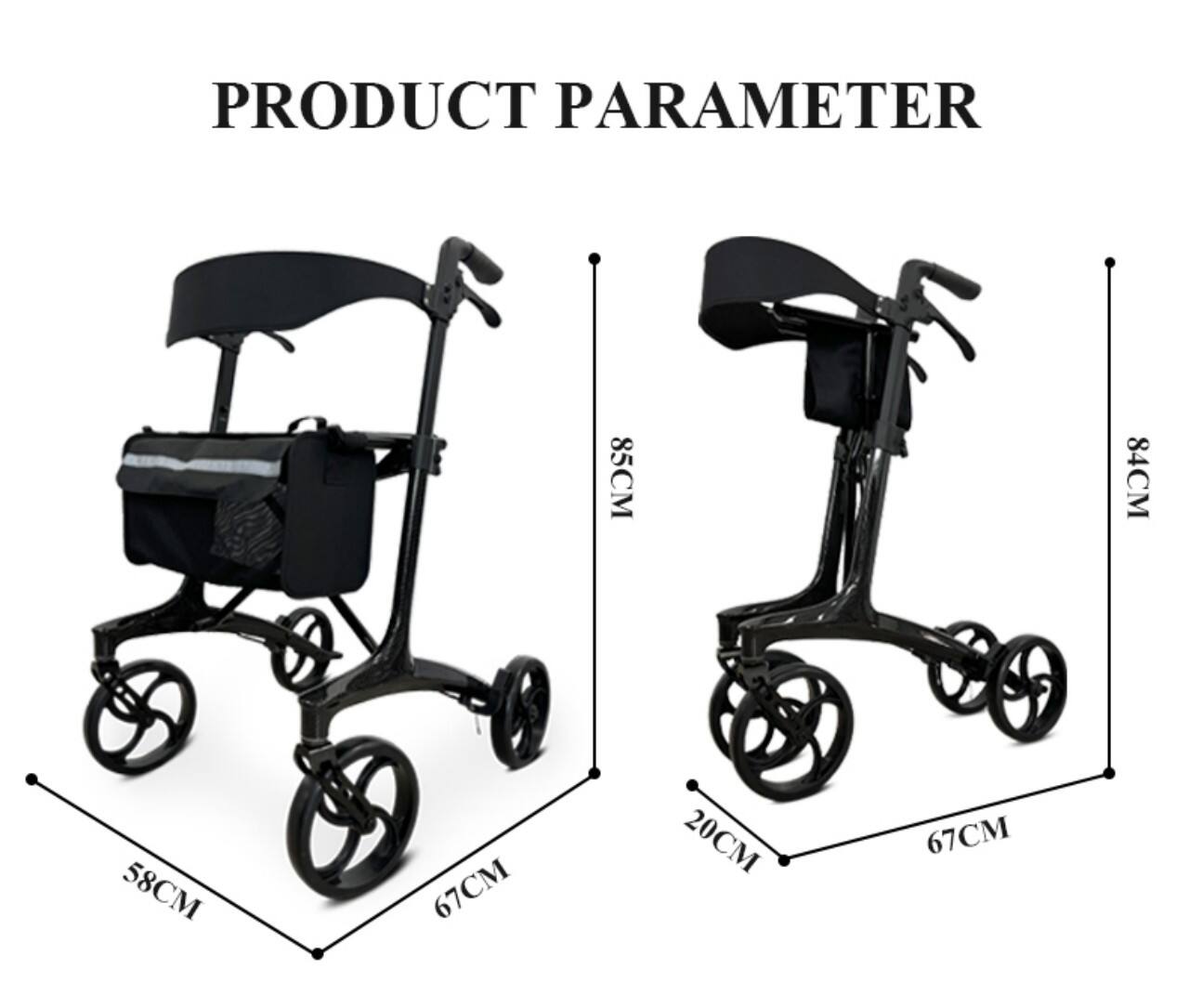 KSM-806 Foldable Carbon Fiber Ultralight Rollator Walker Lightweight  Folding Rolling Walker Rollator with Seat and Organizer Bag factory