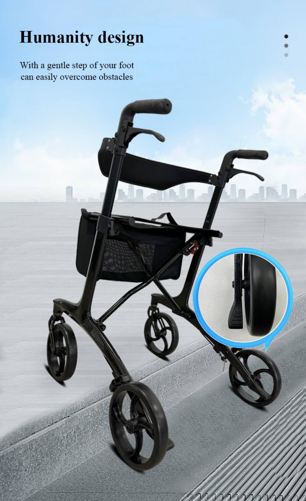 KSM-806 Foldable Carbon Fiber Ultralight Rollator Walker Lightweight  Folding Rolling Walker Rollator with Seat and Organizer Bag manufacture