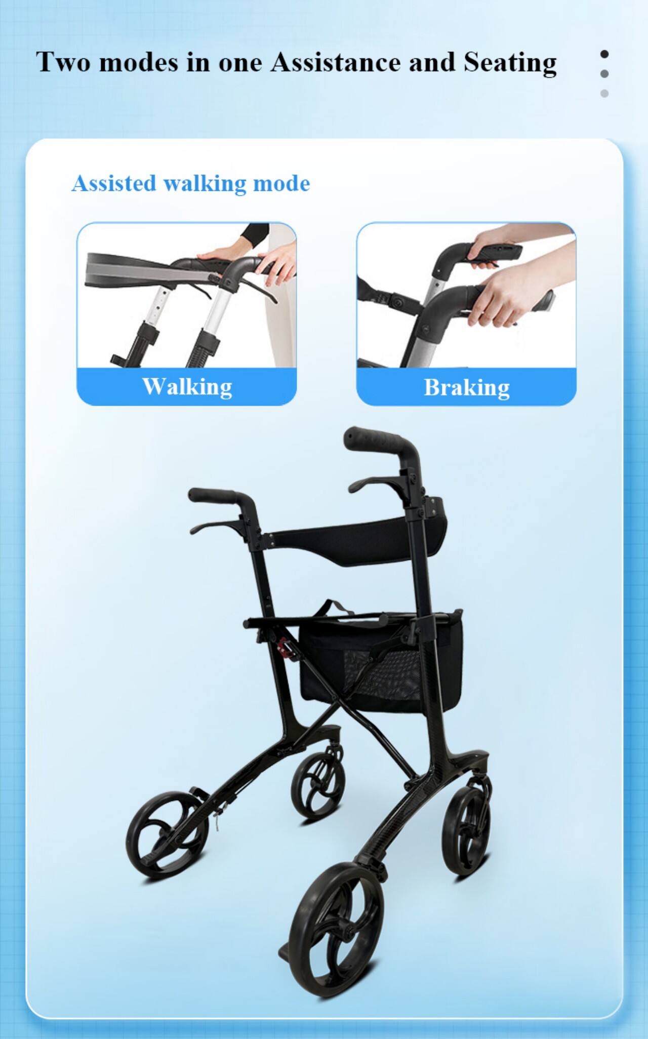 KSM-806 Foldable Carbon Fiber Ultralight Rollator Walker Lightweight  Folding Rolling Walker Rollator with Seat and Organizer Bag factory