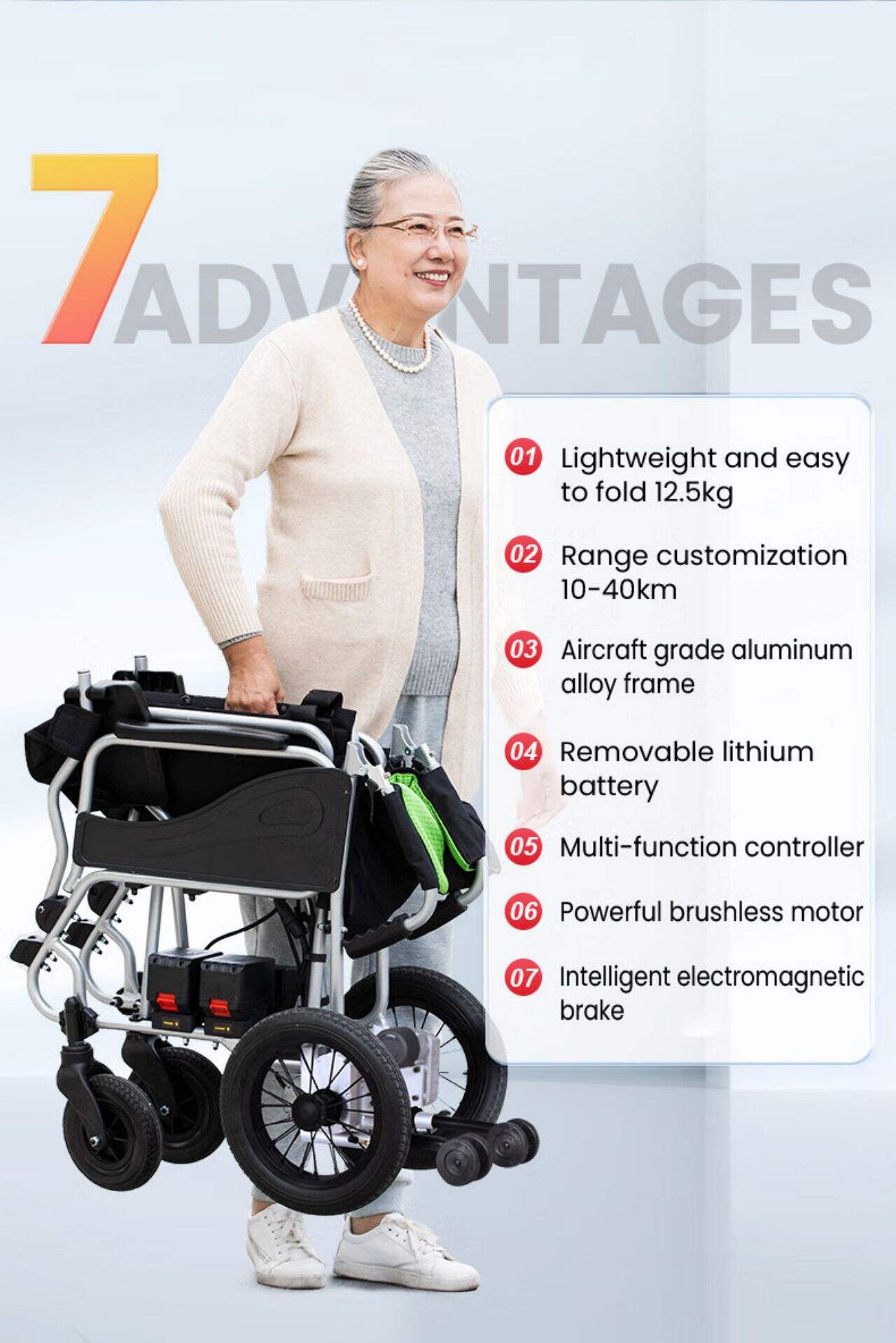 KSM-505 Light weight folding electric wheelchair portable aluminum power chairs dual controller wheelchair 12.5kgs factory