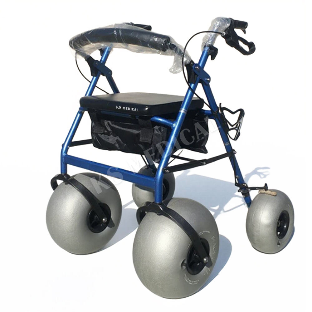 KSM-SW3 CE Certified Foldable Lightweight Beach Wheelchair Rollator with Seat Labor-Saving Pulleys for Seniors Adults
