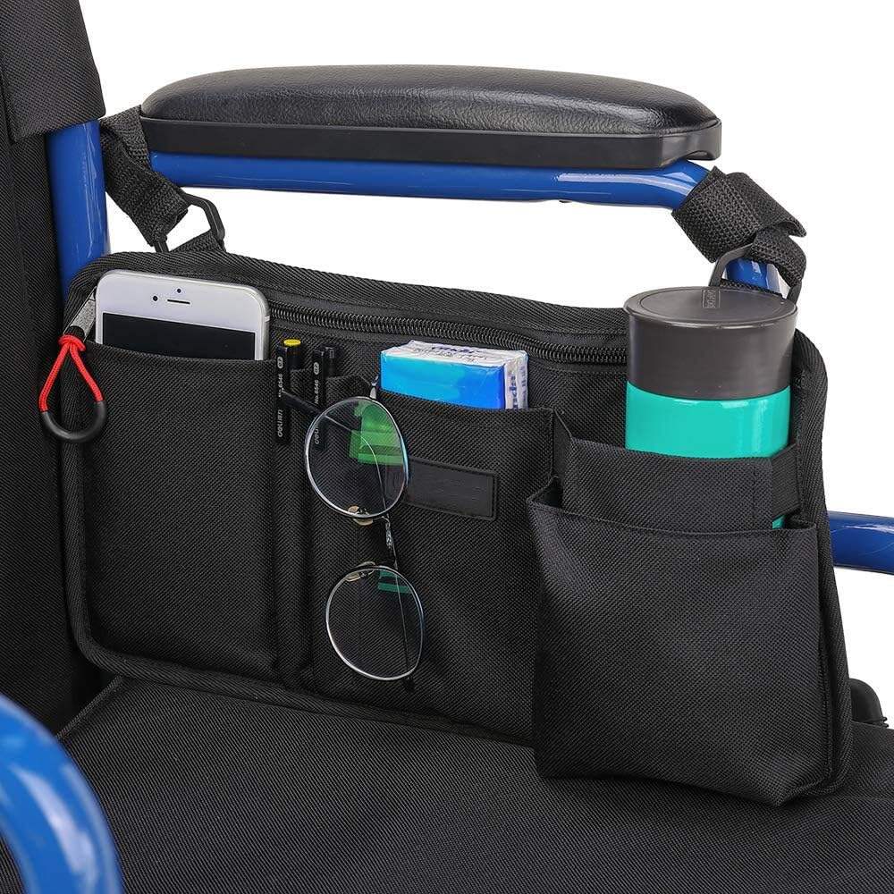 KSM-WB05 Rollstuhl-Seiten-Organizer-Aufbewahrungstasche Armlehren-Tasche mit Becherhalter und reflektierender Leiste, für die meisten Rollstühle, Gehhilfen oder Rollatoren