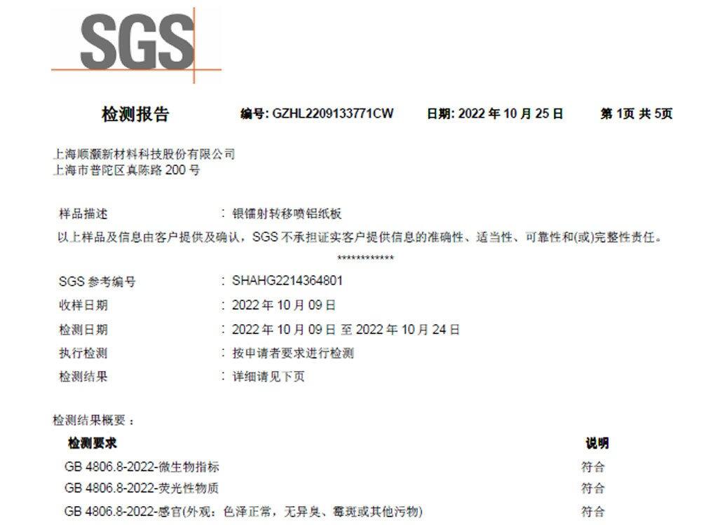 TransMet®－Shunho Creative’s metalized board passed SGS’s Food Contact Safe Material Test