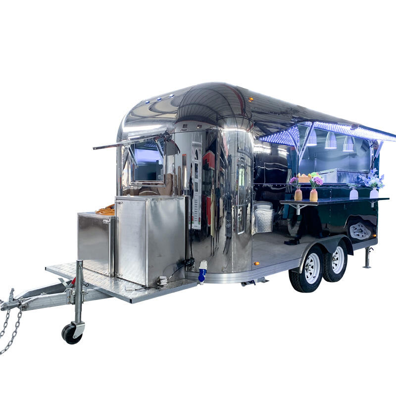 Carreta de Bar Móvel Carrinho de Cachorro-Quente Inox Carreta de Food Truck Airstream com Equipamentos de Cozinha Completos