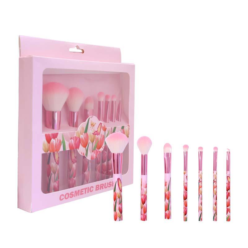 Juego de pinceles de maquillaje con tulipanes rosas