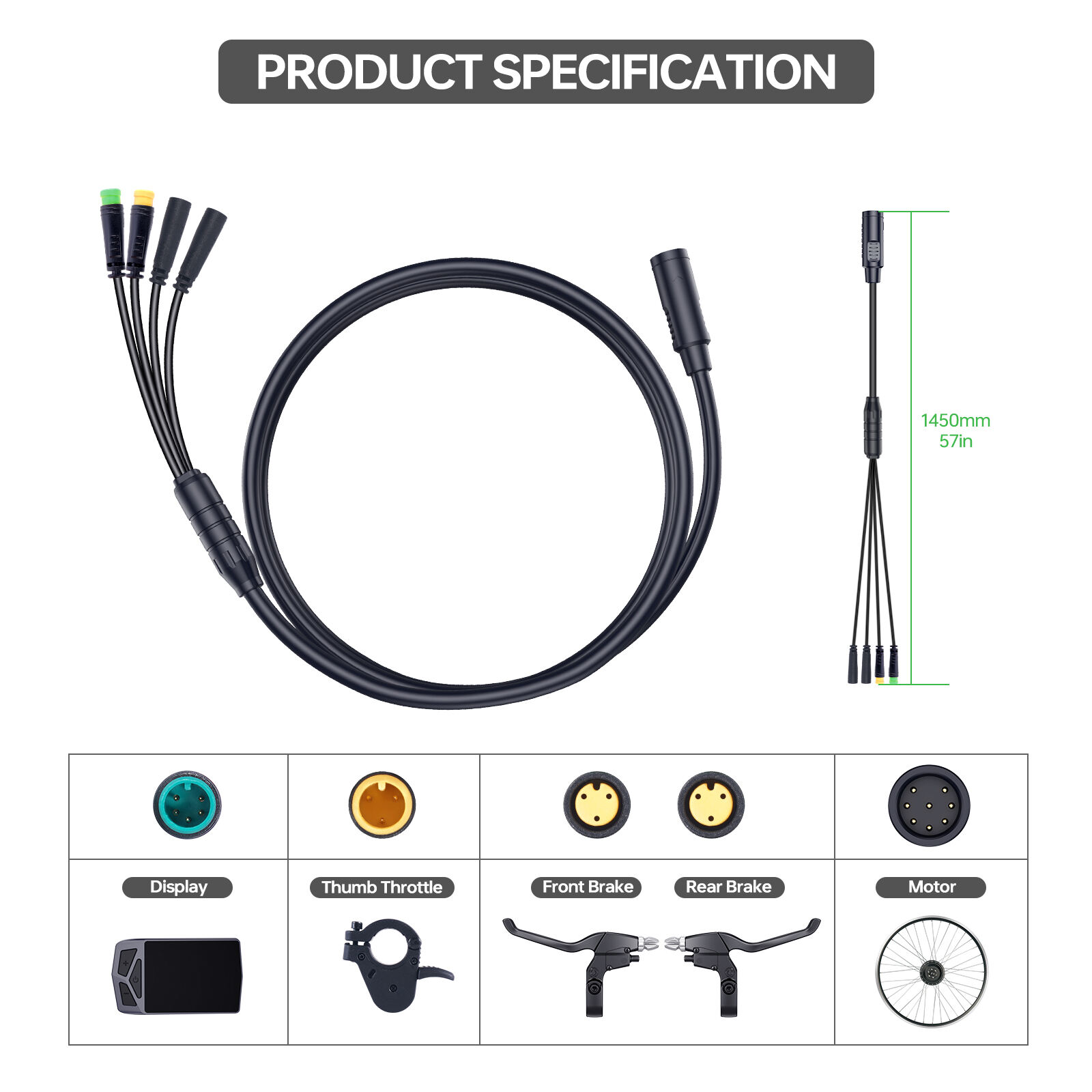 Bafang 1T4 Main Wire Cable & 1T4 Extension cable Female to Male For Electric Bike BBS BBS01 BBS02 BBSHD Mid Motor to Connect with Display Brakes Throttle