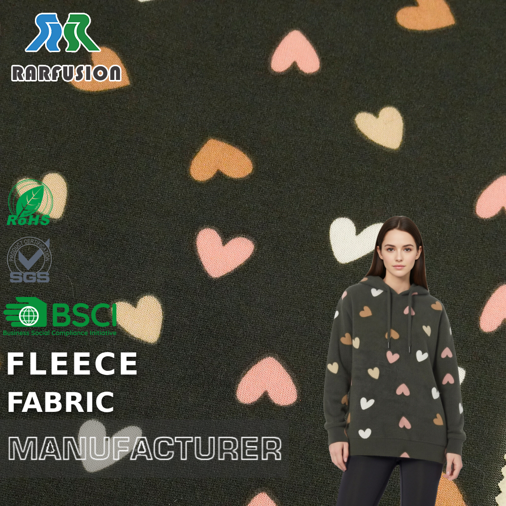 Soft Sweet Cozy Dark Green Multi-Color Heart Print Single Side Fleece Fabric for Hoodies Loungewear Girls’ Apparel