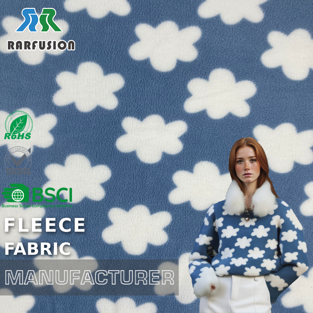 Tisye Polar Fleece Mous ak Chalè, 100% Polyester, Ak Imprèm Florèl Ble pou Vêtman Pòtèj, Hoodie ak Kouvèti