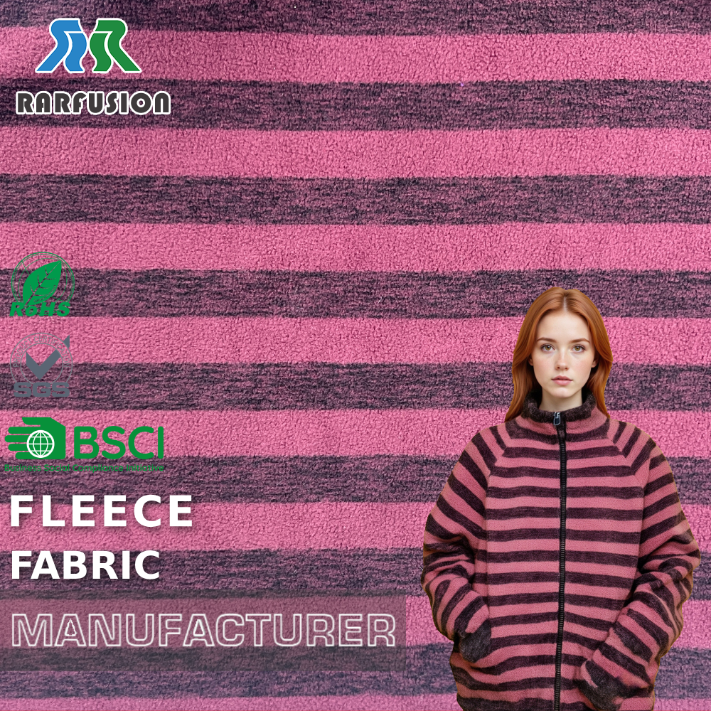 Premium Plush Pink Maroon Stripe Double Side Polar Fleece Fabric for Jackets Loungewear Winter Apparel