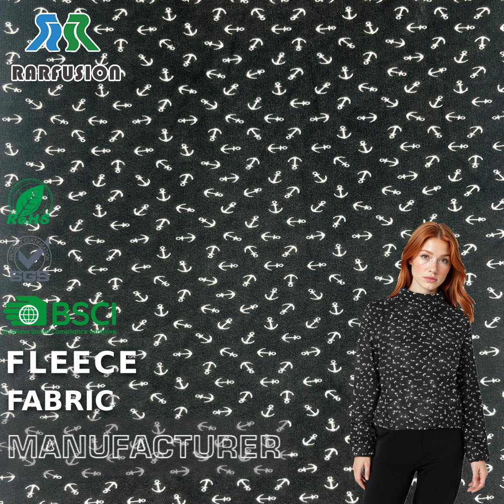 Lightweight Short Fiber Black Anchor Print Single-Sided Fleece Fabric for Loungewear Kids Wear