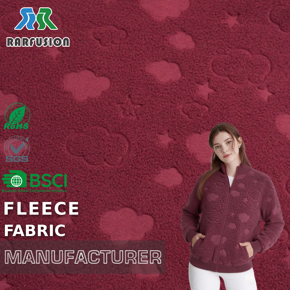 Eco-friendly Materials Wine Red Embossed Cloud & Star Polar Fleece Fabric for Jackets Garment Girls Apparel