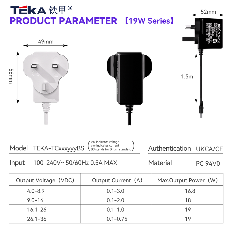 TC-BS Side plug Wall mount 19w power adapter