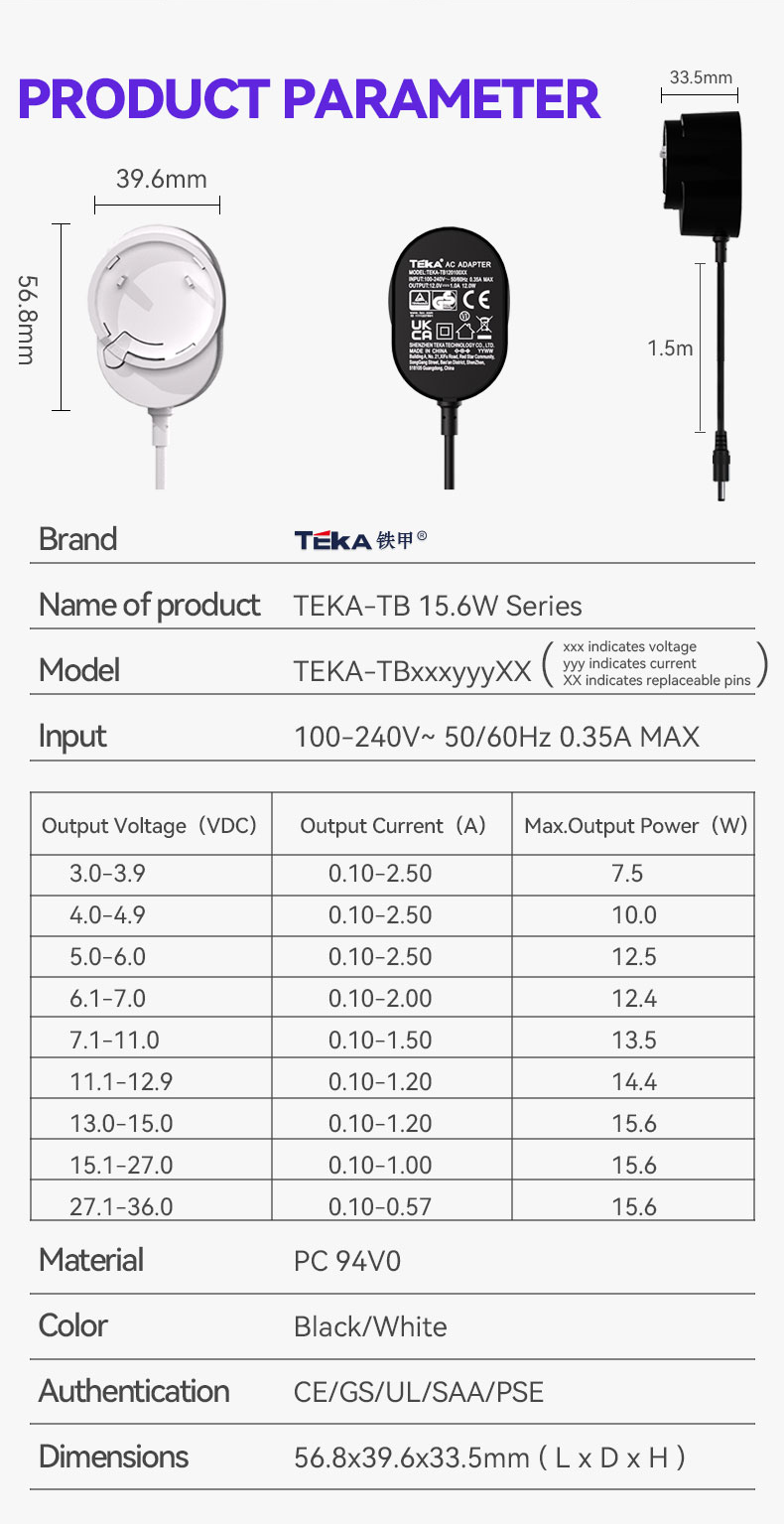 Interchangeable 15.6w power adaper details