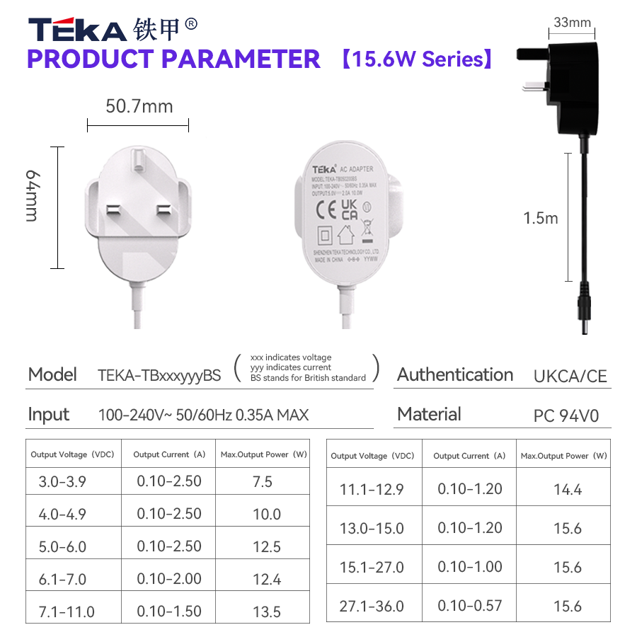 TB-BS bottom plug Wall mount 15.6w power adapter