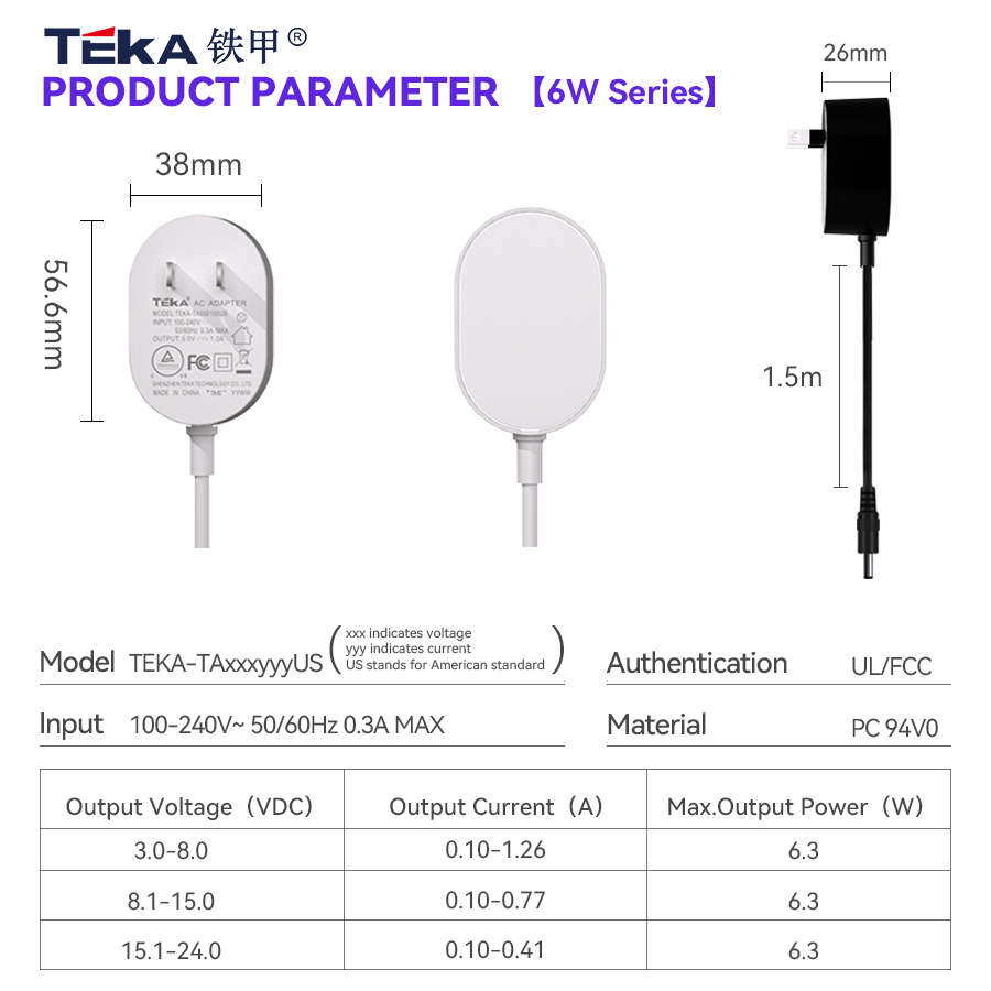 TA-US 3PIN Wall mount 7.5w power adapter