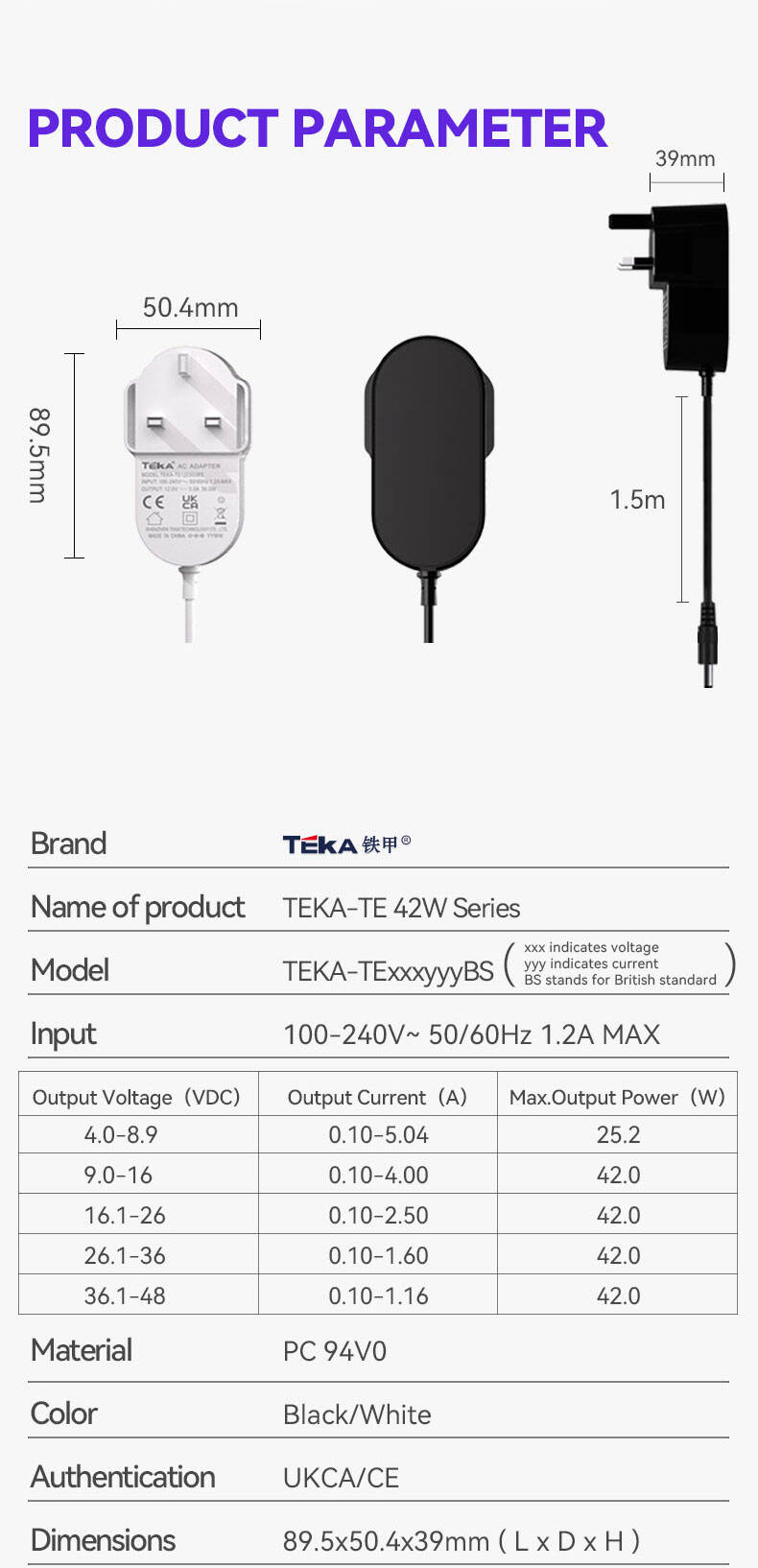 42W TE-BS Wall mount 42w power adapter details