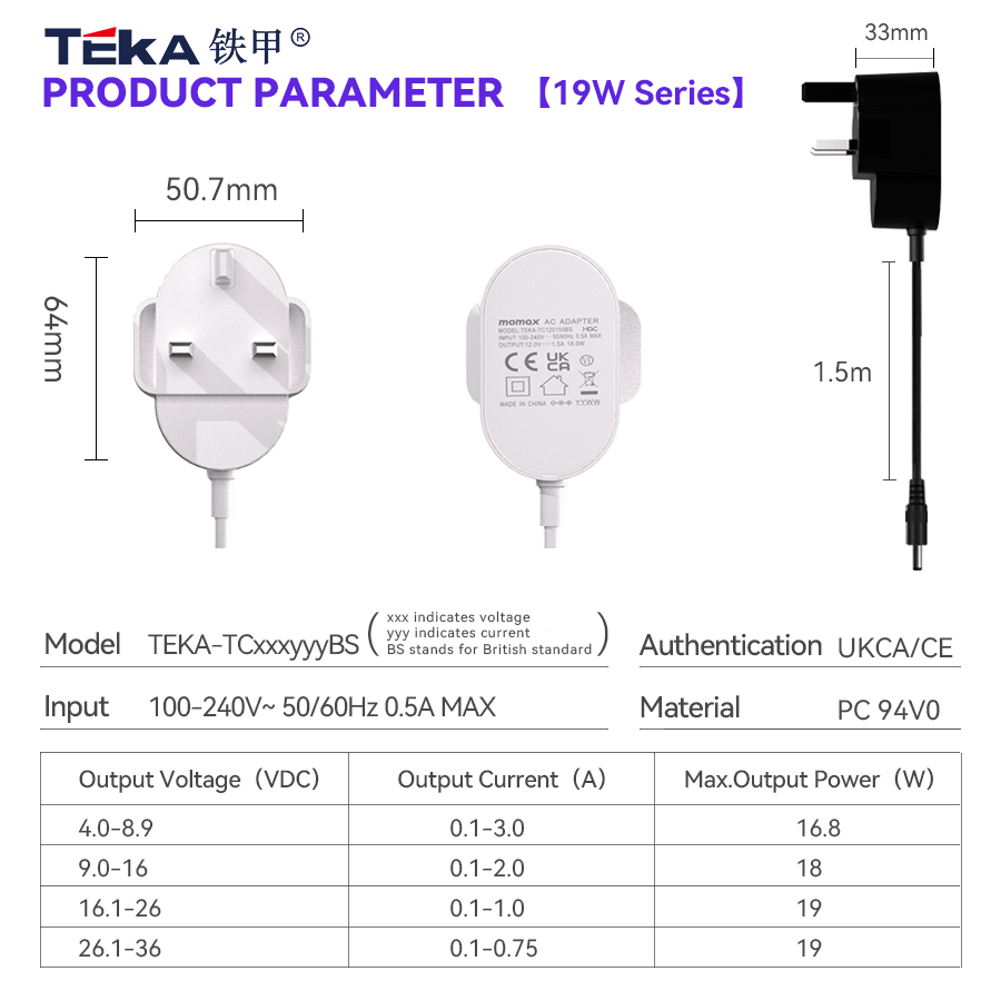 TB-BS bottom plug Wall mount 19w power adapter