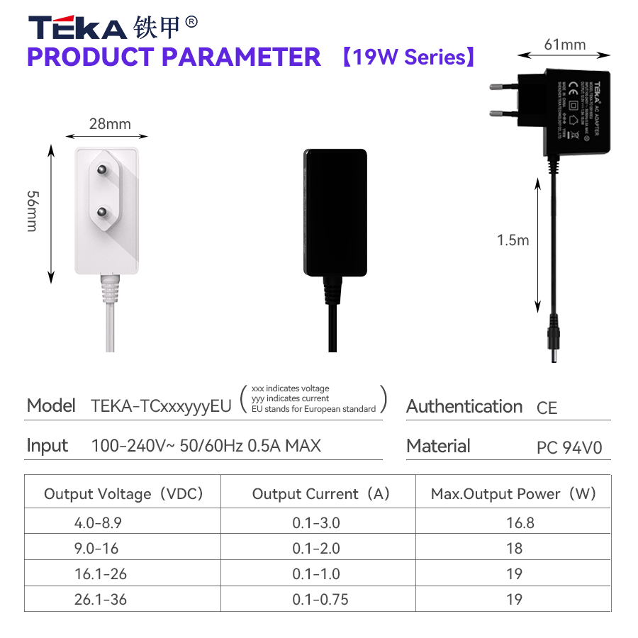 TC-EU Side plug Wall mount 19w power adapter