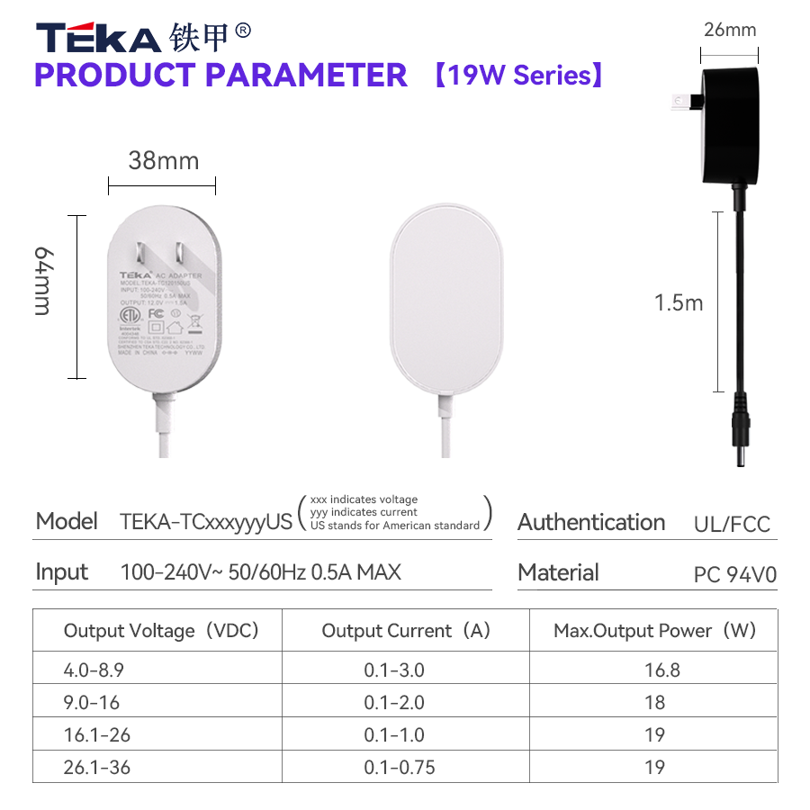 TB-US bottom plug Wall mount 19w power adapter