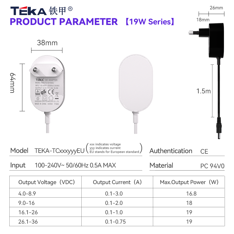 19W dc TC-EU Wall mount 19w power adapter