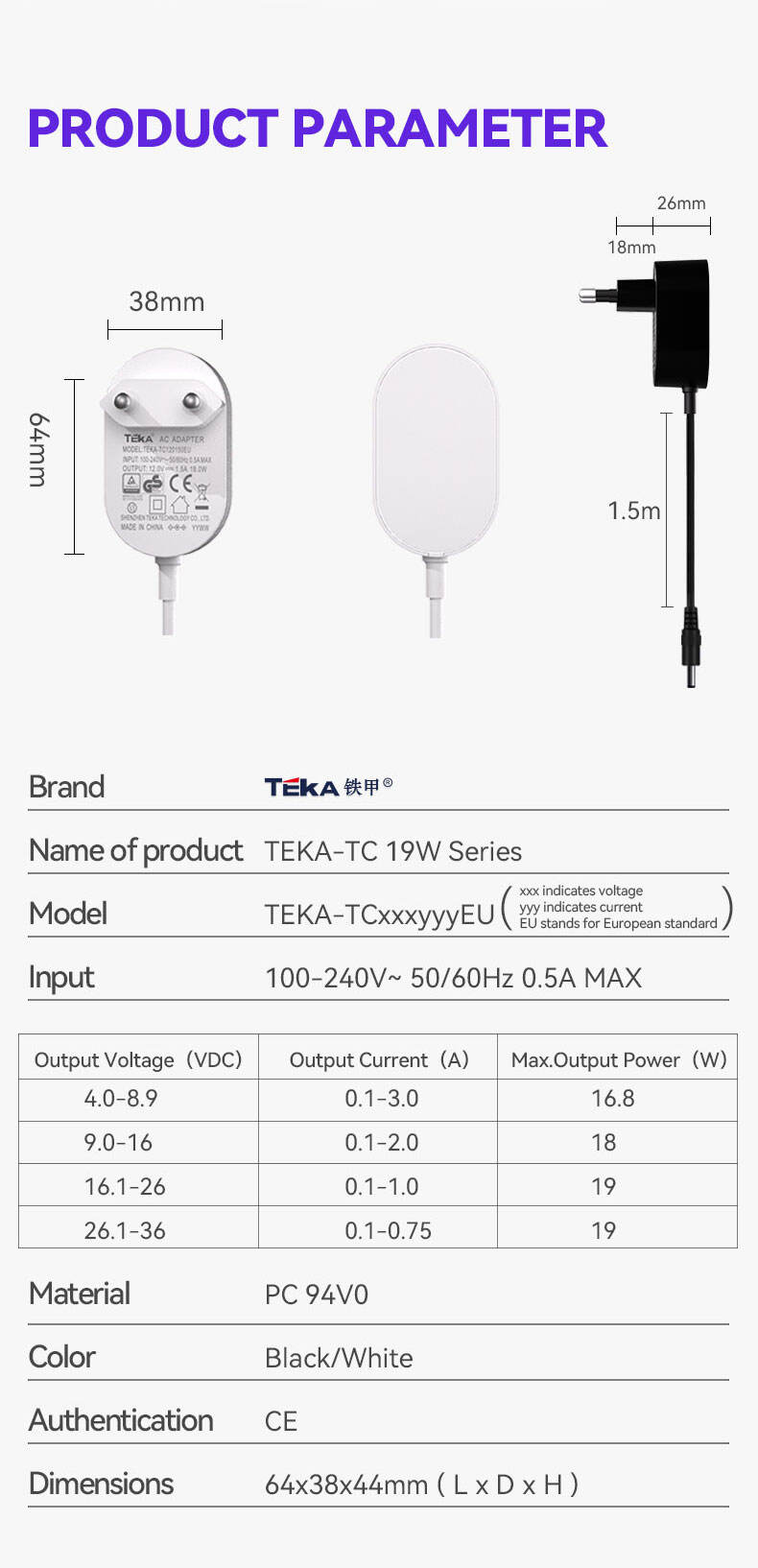 19W dc TC-EU Wall mount 19w power adapter supplier