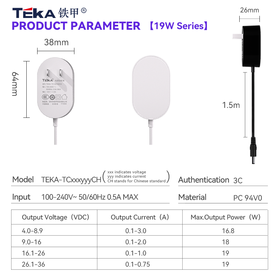 TB-CH bottom plug Wall mount 19w power adapter