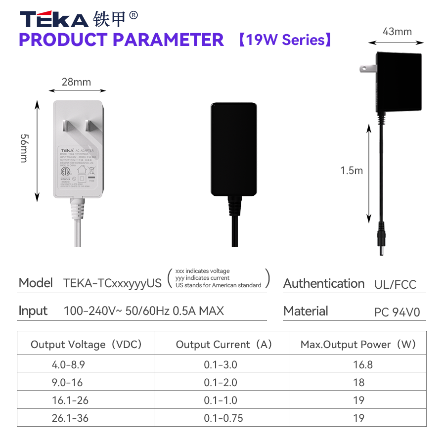 TC-US Side plug Wall mount 19w power adapter