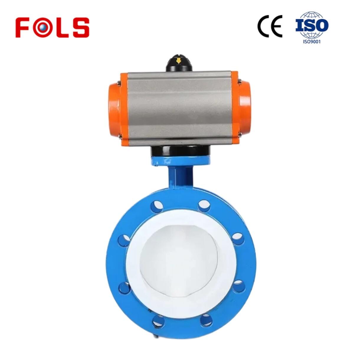 FOLS วาล์ปีกผีเสื้อแบบสองฝาครอบ PTFE ขับเคลื่อนด้วยกระบอกสูบลม