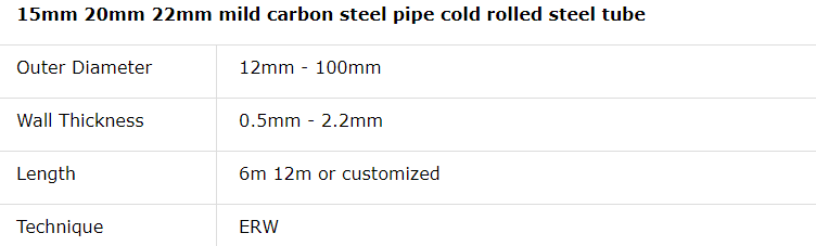 15mm 20mm 22mm mild carbon steel pipe cold rolled steel tube