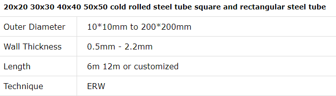 20x20 30x30 40x40 50x50 cold rolled steel tube square and rectangular steel tube