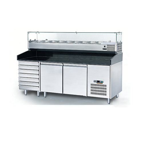 ফার্নোটেল ২ দরজা, ৭ টি দানবাক্স বিশিষ্ট পিজ্জা প্রিপ স্টেশন ২০২৫ মিমি, কাচের কাউন্টারটপ শোকেস সহ