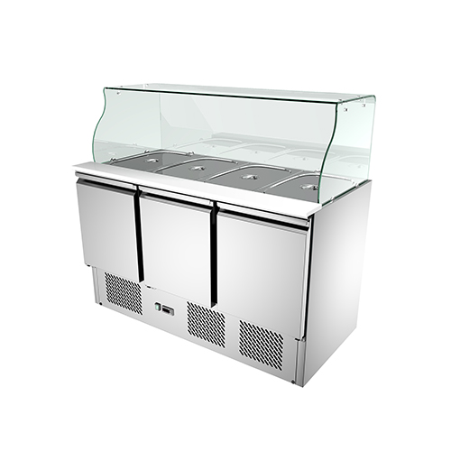 SS304 3 puertas de refrigeración estática Salada de trabajo de banco con cubierta de vidrio