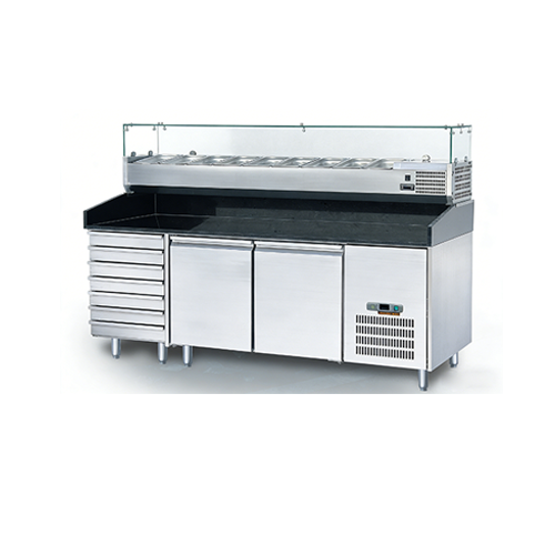 Mostrador de preparación de pizzas Furnotel con 2 puertas y 7 cajones, 1795 mm, con vitrina exhibidora de vidrio