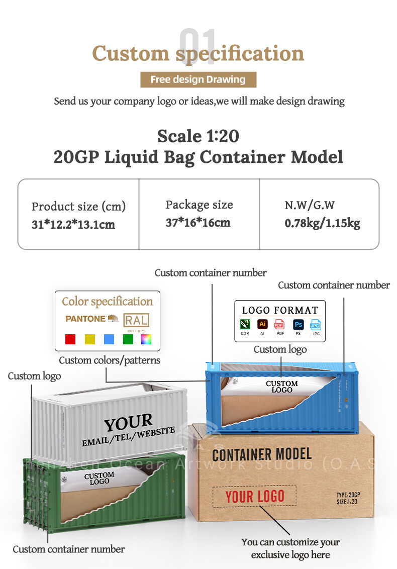 Looking for a liquid bag container model that can highlight your company's characteristics? O.A.S ship model factory focuses on creating a 20-foot BLT liquid bag container model, which is strictly designed in accordance with the real container, and is accurately reproduced in 1:20 ratio to present the liquid bag and box structure in detail. Can be customized exclusive logo, whether placed in the office area, for product display, or as a business gift, can help enterprises stand out, quickly to open customization. Amber@vesselmodel.com Tel: +86 18038048785