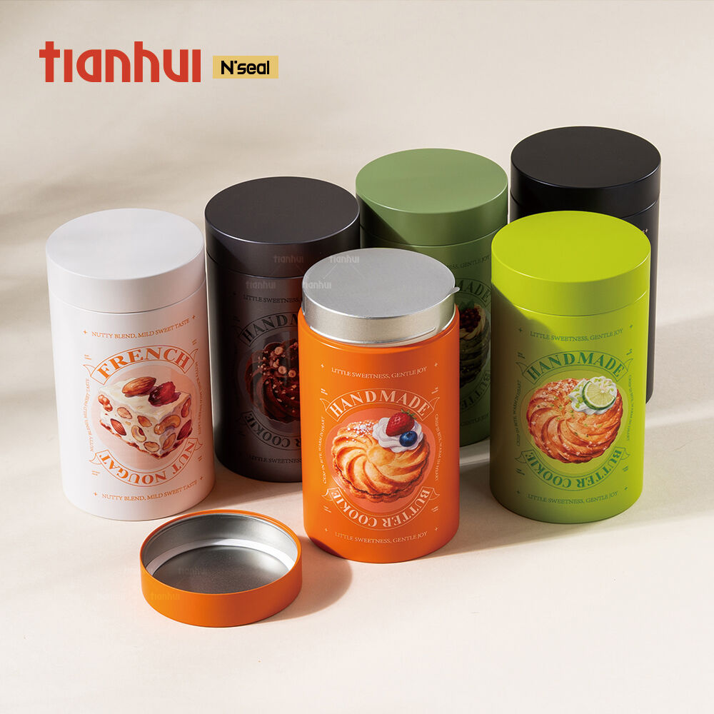 กระป๋องบิสกิตฝาเกลียวยี่ห้อ Tianhui บรรจุภัณฑ์โลหะแบบกำหนดเองสำหรับบรรจุช็อกโกแลต ลูกอม และขนมหวาน