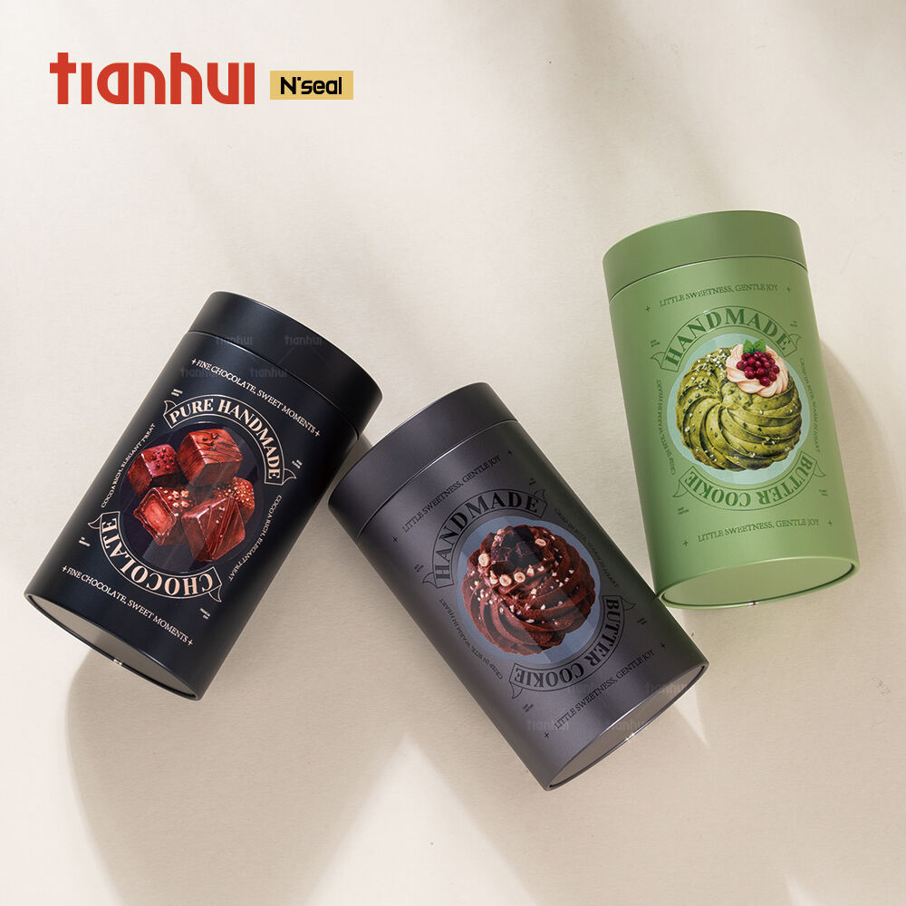 กระป๋องทรงกระบอกสีเขียวมัทฉะยี่ห้อ Tianhui ที่ปลอดภัยสำหรับอาหาร สำหรับบรรจุช็อกโกแลตและบิสกิต
