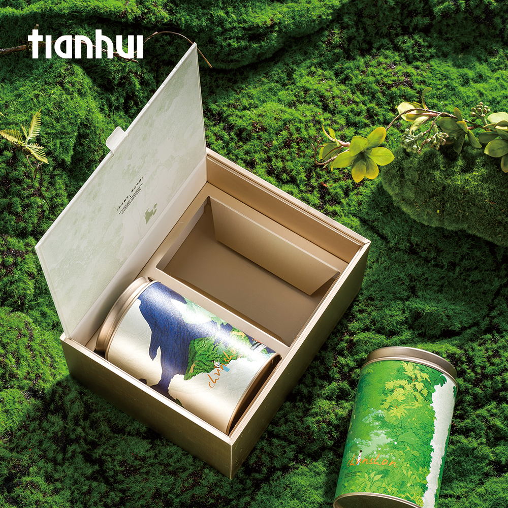 Tianhui Tea Packaging Empty Gift Box Eco-friendly Paper Box with Round Airtight Canister Tea Gift Set