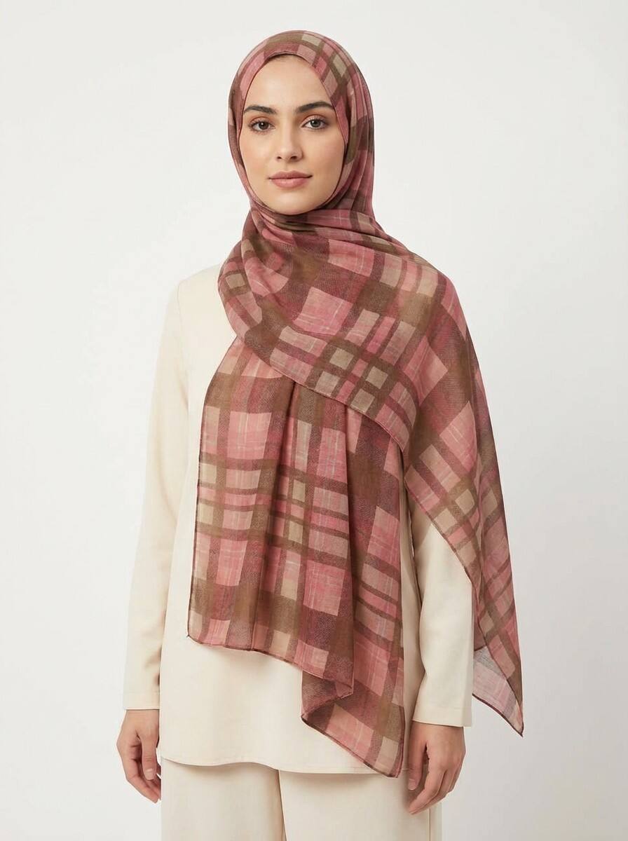 Printed Modal Hijab Checkered design Pink