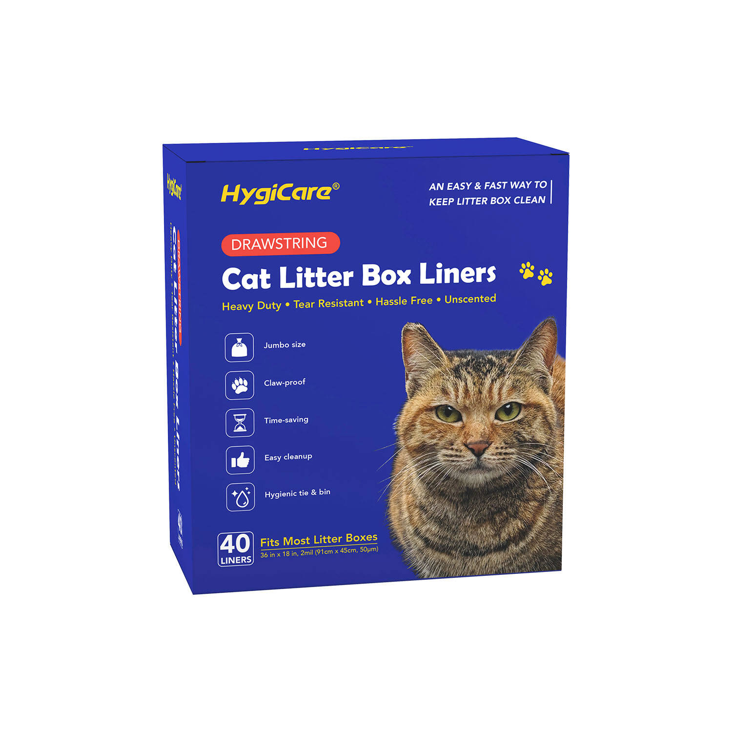 HygiCare Cat Litter Box Liner, Heavy Duty, Sturdy Drawstring, Tear Resistant, Claw-proof, Hassle Free, Unscented, Jumbo Size, 36