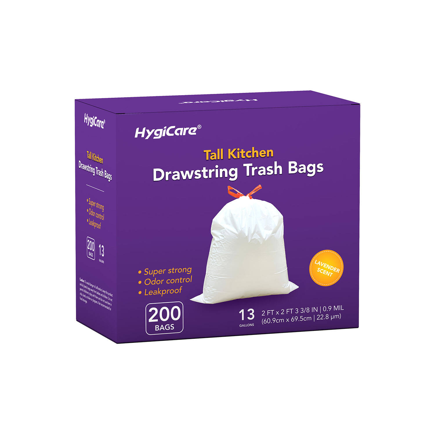 HygiCare Tall Kitchen Drawstring Trash Bags - 13 Gallons, 200 Count, Super Strong, Lavender Scent, Odor Control, Leakproof, Interleaved on Rolls