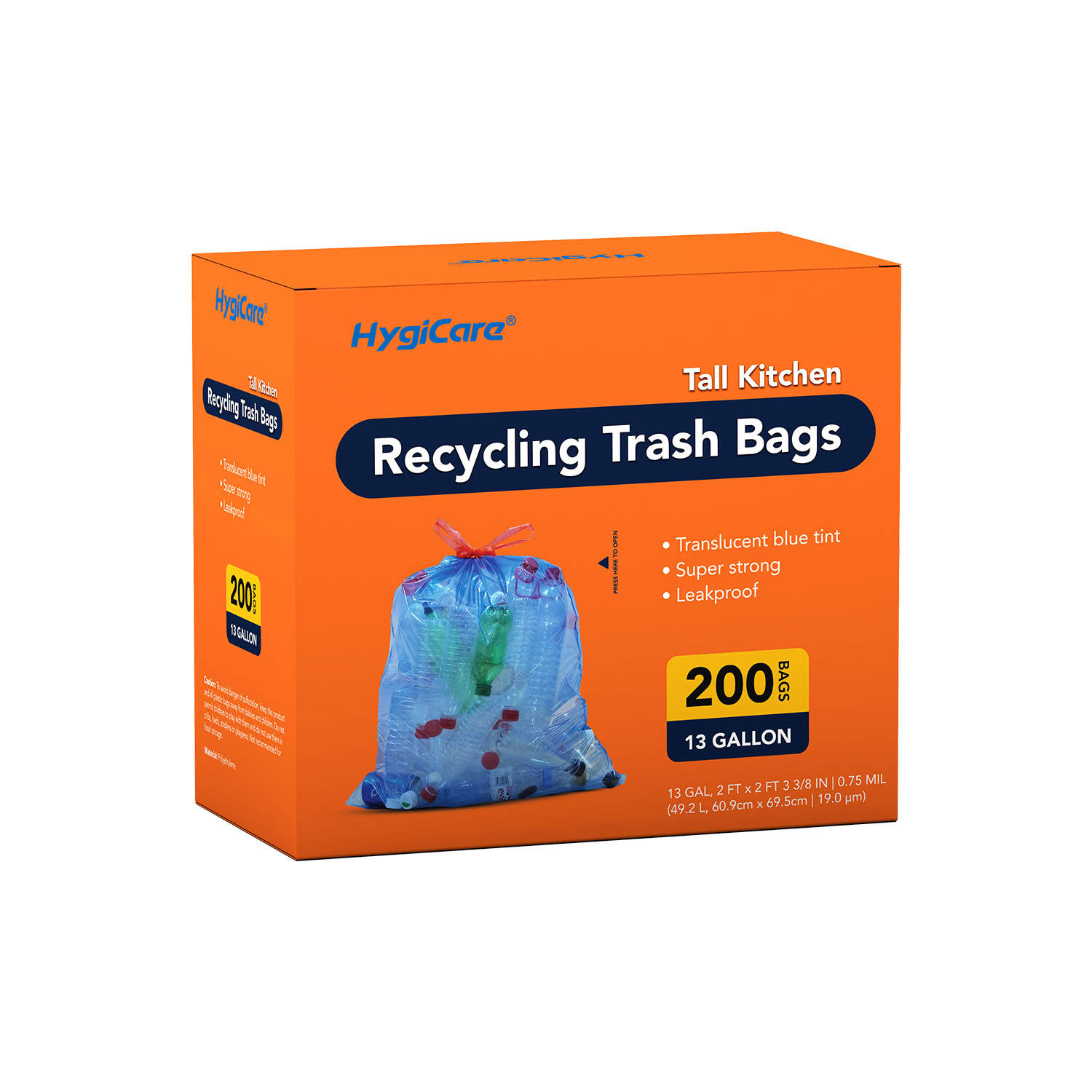 HygiCare Recycling Trash Bags, Blue, Unscented, 13 Gallon, 200 Count, Super Strong, Leakproof