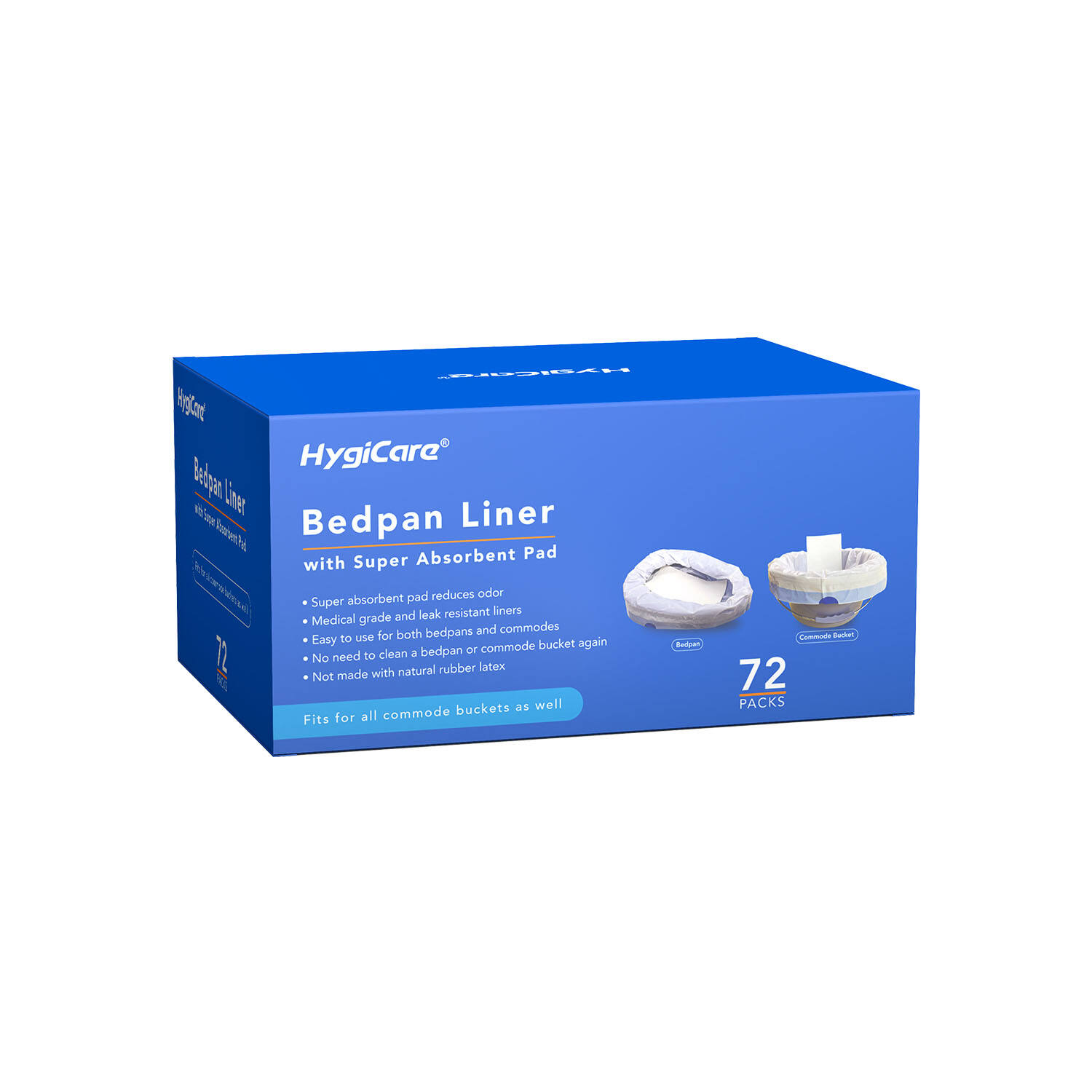  HygiCare Bedpan Liner with Super Absorbent Pad, 72 Count, Commode Waste Bag, Medical Grade Material, Leakproof, Reduce Odor, Fits All Bedpans & Bedside Commodes, Easy Tie