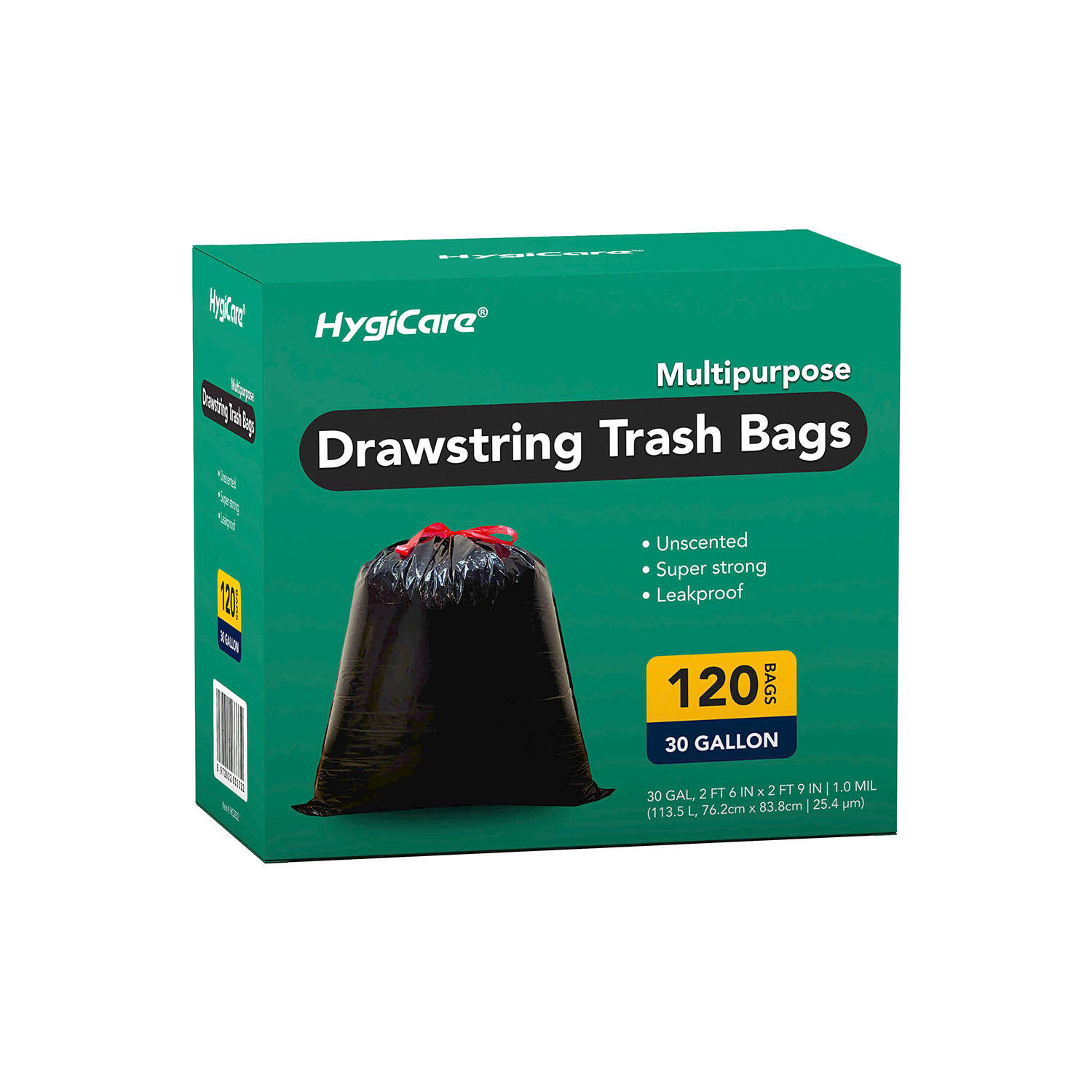 HygiCare Drawstring Trash Bags, 30 Gallon, 120 Count, Heavy Duty, Super Strong, Leakproof, Unscented, Made from Eco-friendly Materials