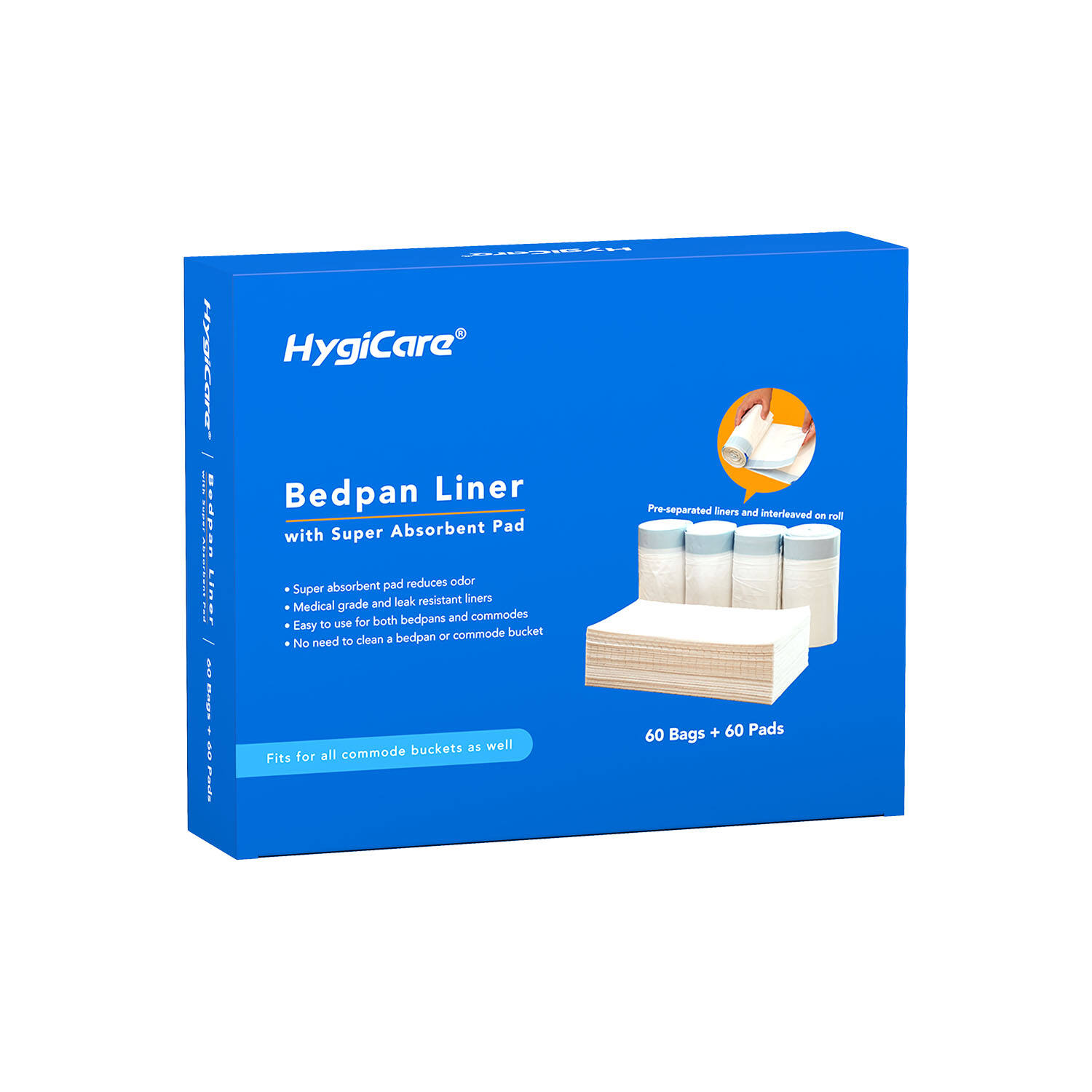 HygiCare Bedpan Liner with Absorbent Pad, 60 Bags + 60 Pads, Pre-Separated Medical Grade Liners, Leakproof, Easy to Use, Reduce Odor, Fits Bedpans and Bedside Commodes