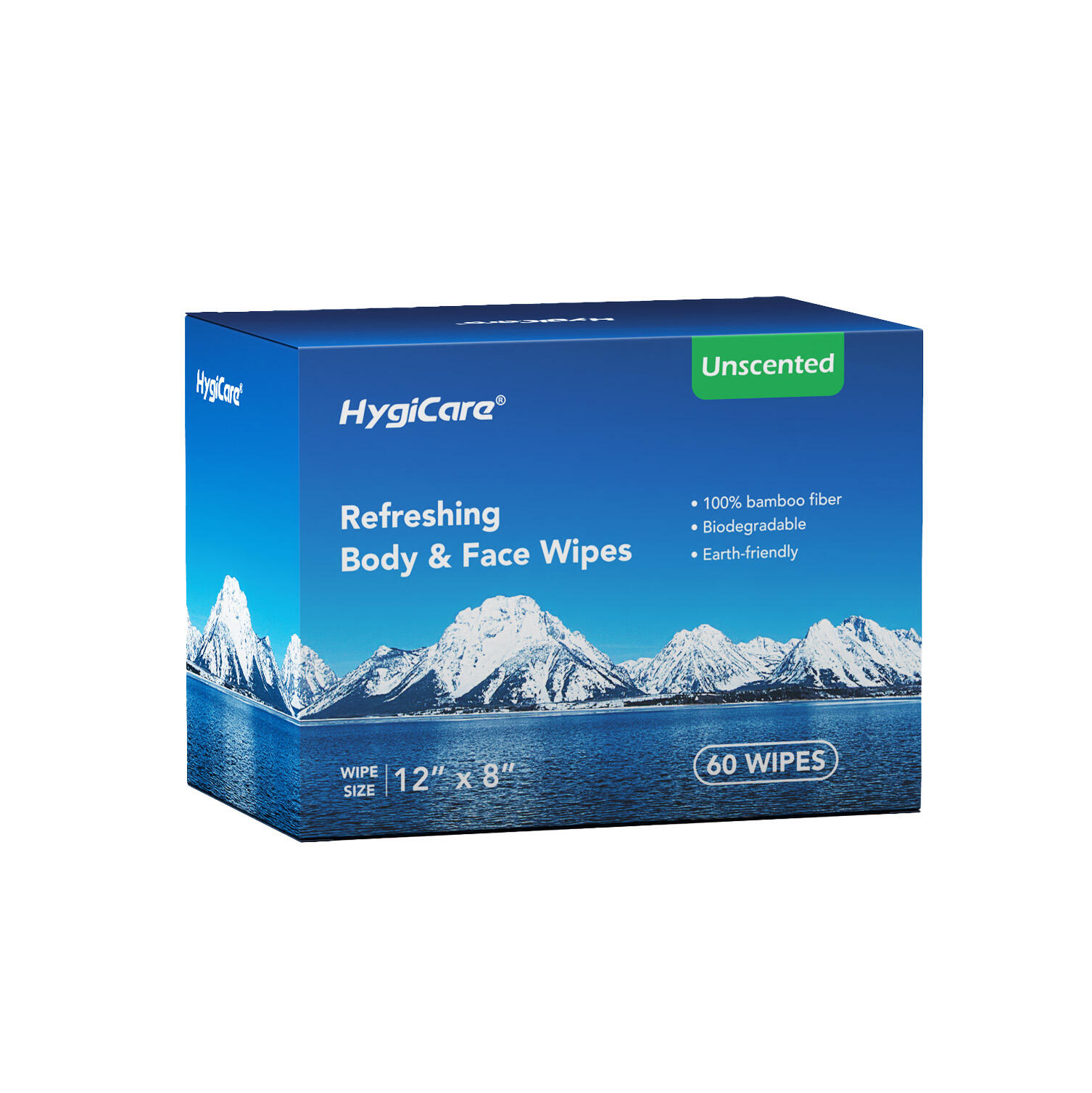 HygiCare Refreshing Body & Face Wipes 60ct Bamboo Fiber Unscented Extra Thick Biodegradable Perfect for Gym, Fitness, Camping and Hiking