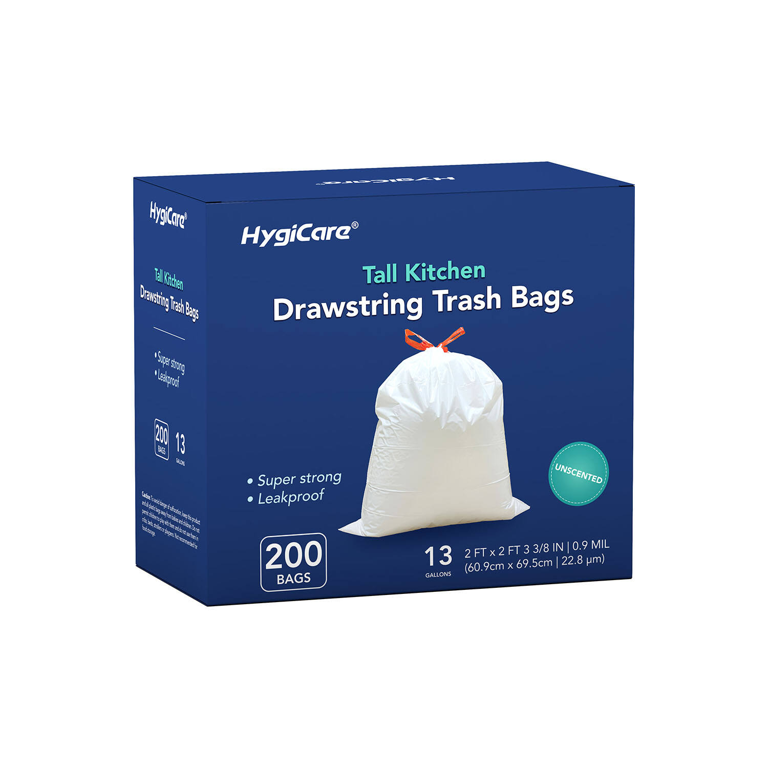 HygiCare Tall Kitchen Drawstring Trash Bags - 13 Gallons, 200 Count, Super Strong, Leakproof, Sturdy, Unscented