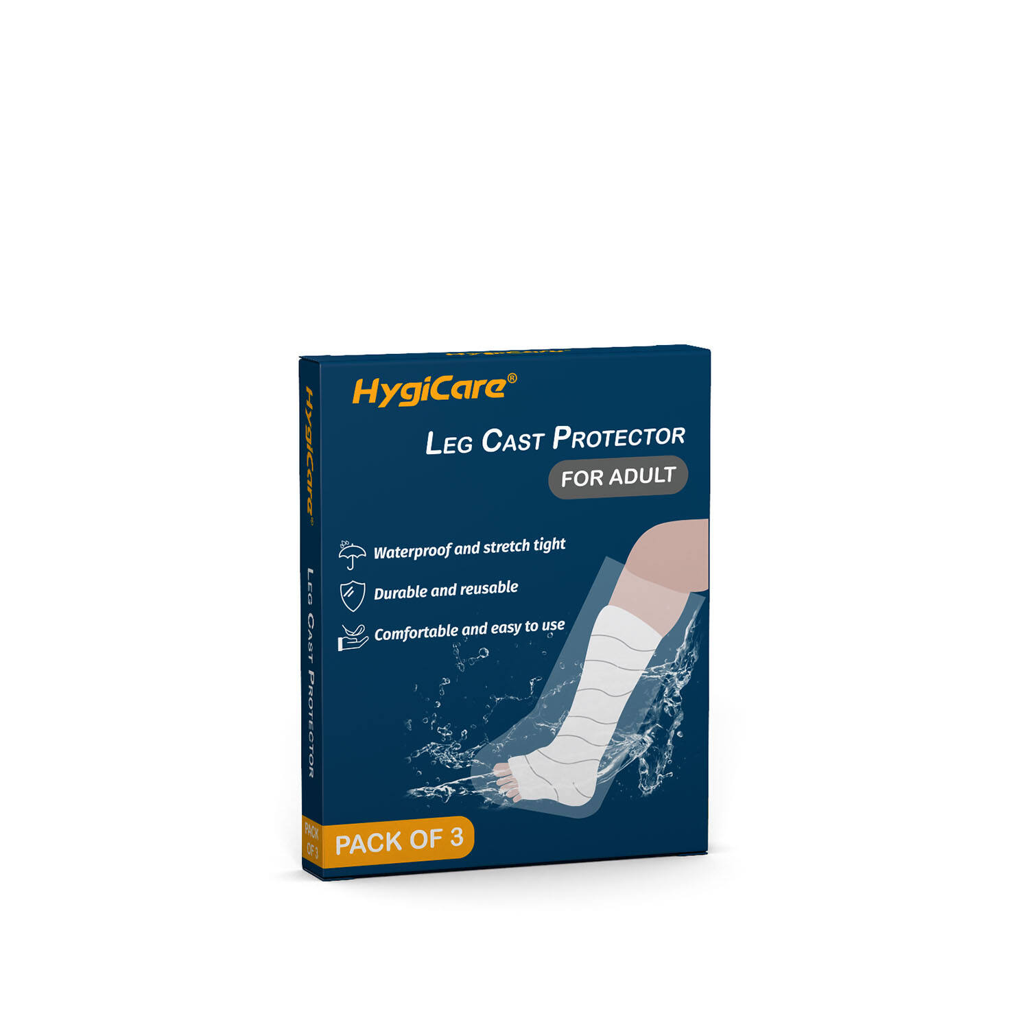 HygiCare 100% Waterproof Adult Half Leg Cast Cover - Value Pack of 3, Medical Grade, Reusable, Seal Tight, Easy to Use for Shower Leg Knee Ankle Foot Keep Wounds Dry