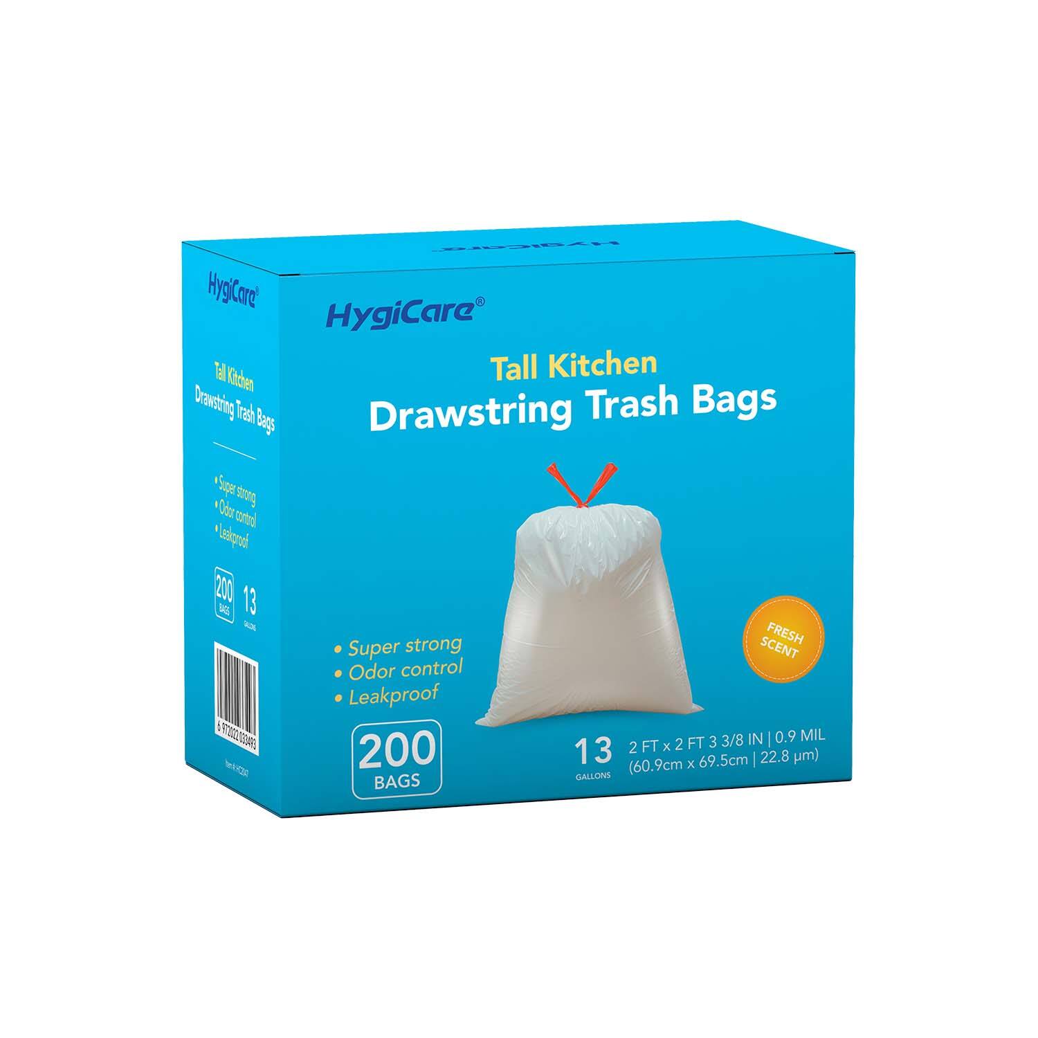 HygiCare 13 Gallon Tall Kitchen Trash Bags, Fresh Scent 200 Count Drawstring Garbage Bags, Pre-Separated, Odor Control, Ultra Strong, Leakproof, Sturdy, White